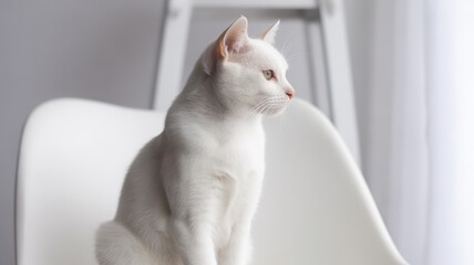 White cat sitting on chair looking away, isolated on clean background