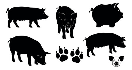 Fototapeta premium Black silhouette pig set featuring various pig poses, a pig head, hoof prints, and a piggy bank for farm and financial themes