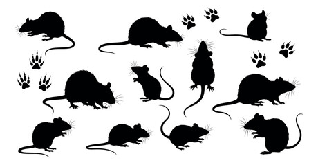 Black silhouette rat set featuring various poses and paw prints for pest control designs