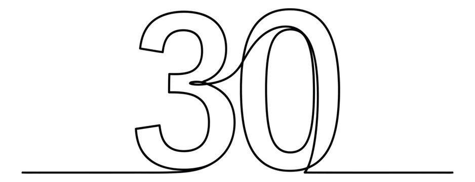 Continuous line art illustration of number 30 depicting a minimalist design for milestones and celebrations