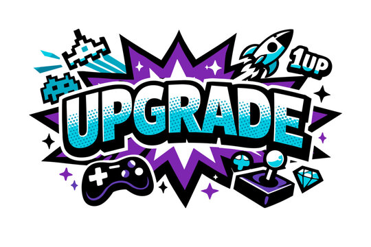 Retro gaming upgrade graphic with icons and pixel art elements