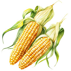 Sweet Corn High Quality, watercolor painting with colorful accents, isolated on a white background.
