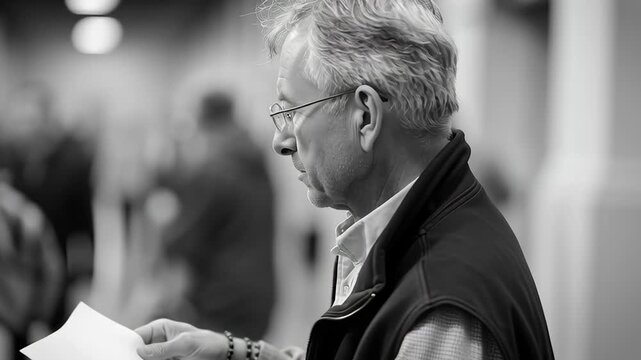 Serious older man reading a document at a polling station representing voter verification civic responsibility and participation in democratic elections