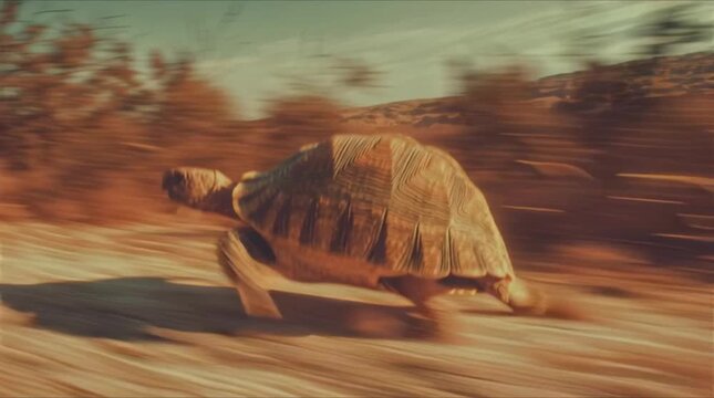A tortoise sprints across a desert landscape with a stunning motion blur effect, conveying a sense of speed and energy. The image captures the dynamic movement of the tortoise, set against a backdrop 