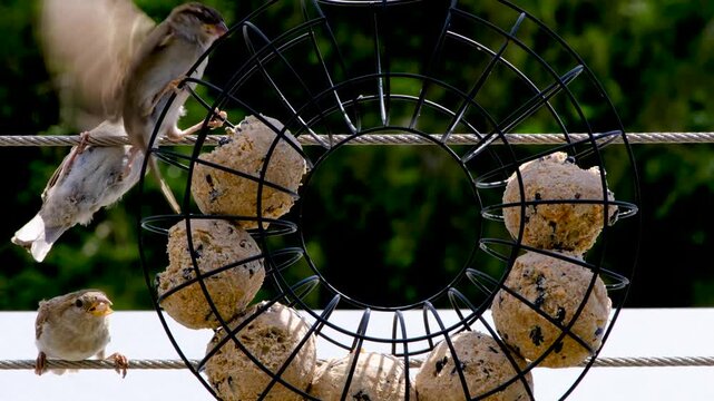 Two sparrows perched on a cable, feeding on suet balls in a black wire cage feeder, set against a lush green background. This scene captures a serene moment of wildlife interaction, perfect for illust
