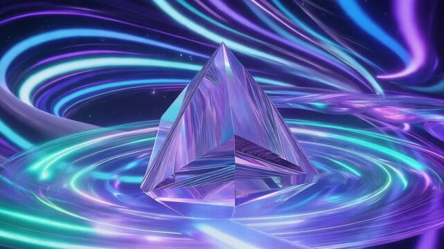 Iridescent crystal pyramid rotating in a vibrant swirl of colorful light trails, creating a mesmerizing visual effect in a dark cosmic background