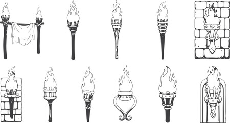 Fototapeta premium Torch Fire & Flame Silhouette Icons Set