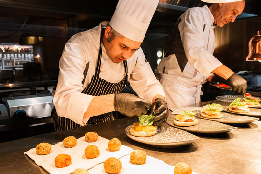 Chefs Preparing Gourmet Dishes in a Modern Kitchen Setting