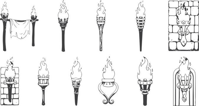 Torch Fire & Flame Silhouette Icons Set