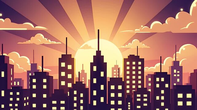 Vibrant city skyline silhouette at sunset with colorful clouds