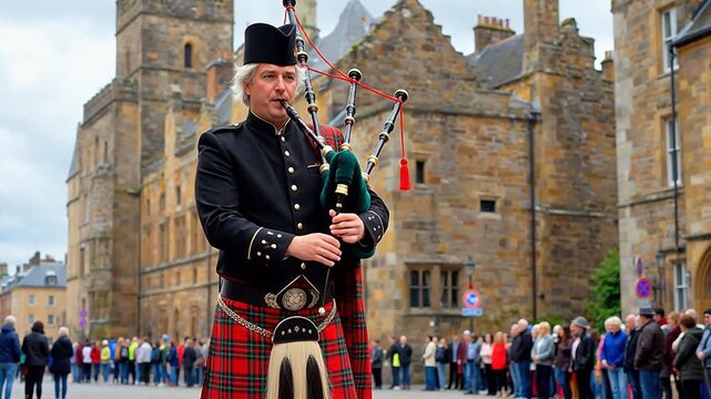 Man playing bagpipes in traditional attire
