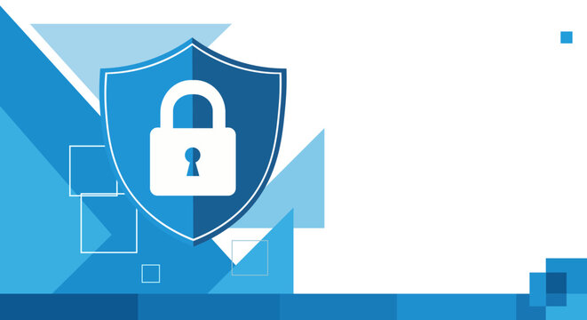 Digital security shield with padlock icon and abstract blue geometric background