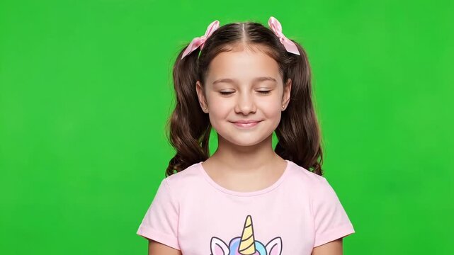 Adorable little girl with pigtails smiling against green background