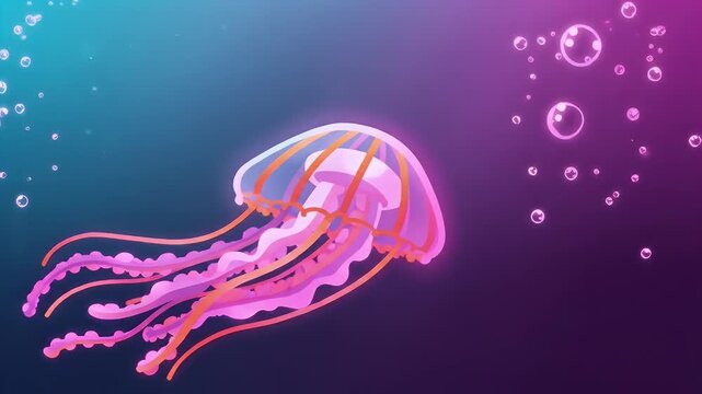 Vibrant glowing jellyfish and bubbles in colorful deep sea water