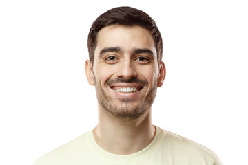 Obraz premium Close up shot of young smiling man isolated on pink background