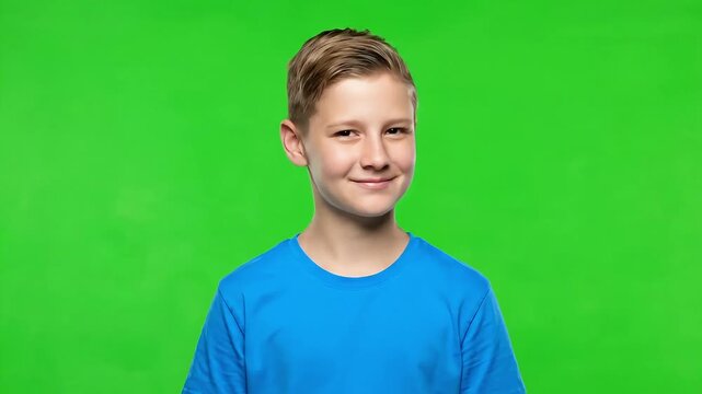 Surprised young boy in blue shirt against green background