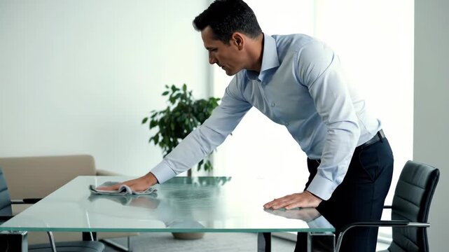 Professional man cleaning office table with cloth in modern workspace, maintaining a tidy environment for productive meetings.