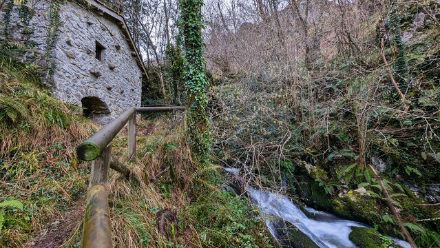 Fermina Mill and waterfall on the Bimenes Mills Route, PR-AS 141, the municipality of Bimenes, Asturias, Spain