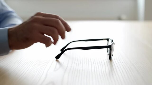 Hand reaching for black eyeglasses on wooden table. Hand gestures indicate intent to wear glasses, emphasizing focus and clarity. Perfect concept for office settings and eyewear advertisements.