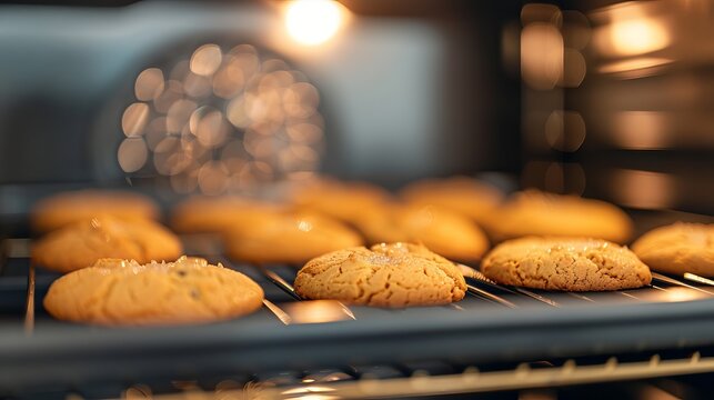 Warm golden light fills the oven as cookies bake on a tray. The cookies are golden brown, creating a sense of warmth in the kitchen during baking time