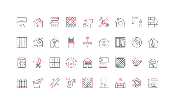 Home renovation, improvement and repair, electricity and plumbing line icon set. Kitchen hood and toilet, door and wall paint, remodeling thin black and red outline symbols vector illustration