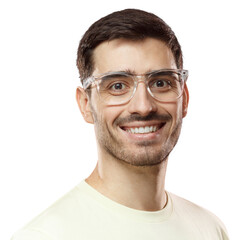 Obraz premium Indoor headshot of young handsome Caucasian male isolated on pink background dressed in casual T-shirt, wearing trendy plastic glasses, looking at camera with calm face expression and happy smile