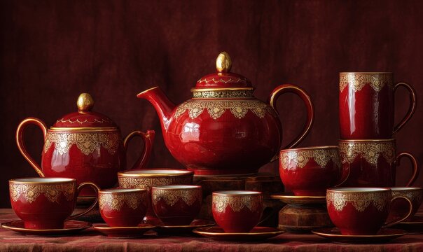 A red tea set with a teapot and cups