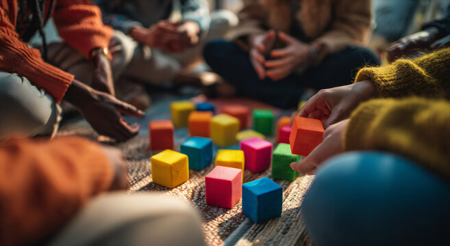 Group of people sitting in a circle playing with colorful blocks, bright editorial style