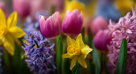 Fototapeta premium Vibrant blooming tulips, hyacinths and daffodils in colorful macro photography