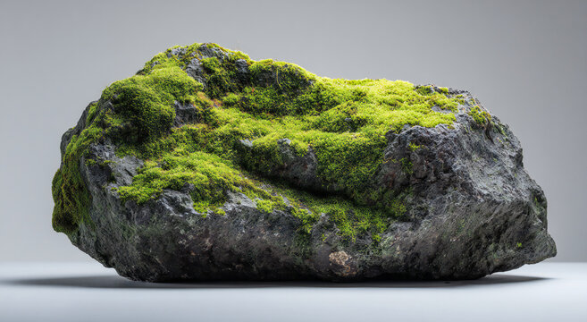 Large gray rock covered in green moss, isolated on white background, photorealistic macro style