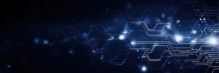 Obraz premium dark blue background with white futuristic technology elements and hexagons for web banner abstract digital wallpaper design with copy space area with a circuit board and code lines Generative AI