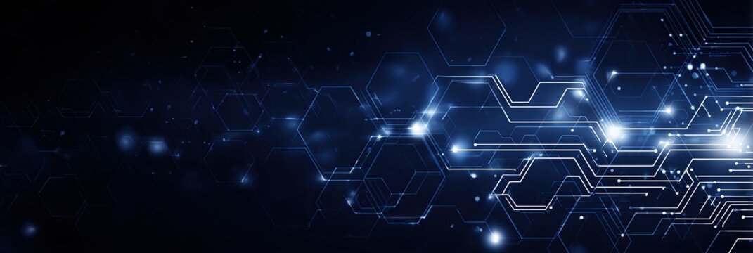 dark blue background with white futuristic technology elements and hexagons for web banner abstract digital wallpaper design with copy space area with a circuit board and code lines Generative AI