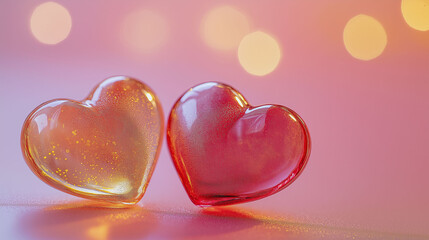 Fototapeta premium Pair of pink crystal hearts with glitter inside
