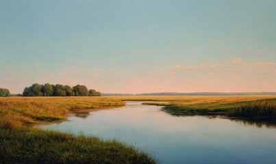 A painting of a river with a tree in the foreground