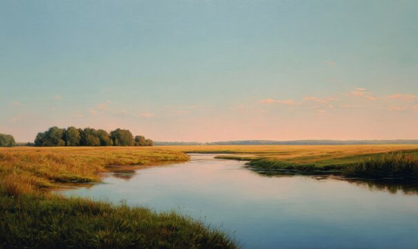 A painting of a river with a tree in the foreground