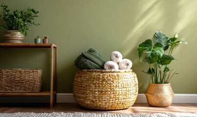 Fototapeta premium A basket of towels sits on a wooden table