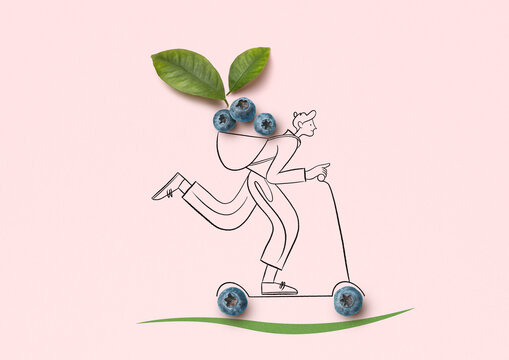 Blueberries and leaves forming illustrated food delivery rider