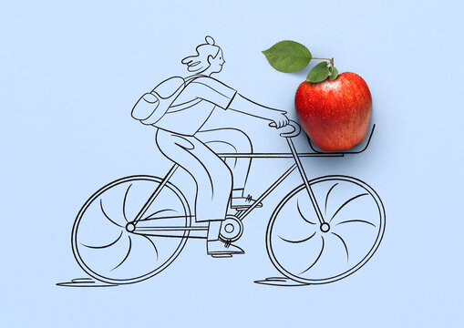 Cyclist illustration with real apple in bicycle basket