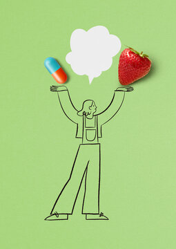 Illustrated figure balancing pill and strawberry
