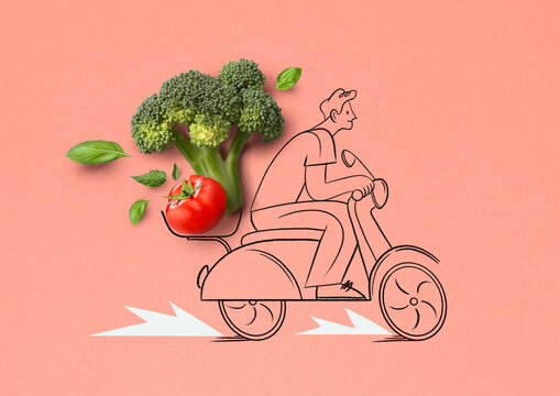 Broccoli and tomato forming illustrated healthy food delivery rider
