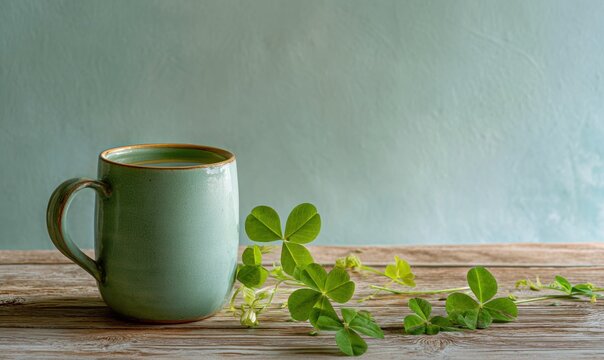 A green mug with a leaf on it