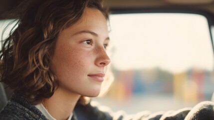 Close-up portrait of a young woman sitting in the back seat of a car. she is looking out the window with a thoughtful expression on her face.