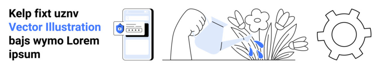 Watering plants with a spray bottle, mobile app interface, and gear icon representing tools automation. Ideal for gardening, sustainability, plant care, technology, eco-friendly practices