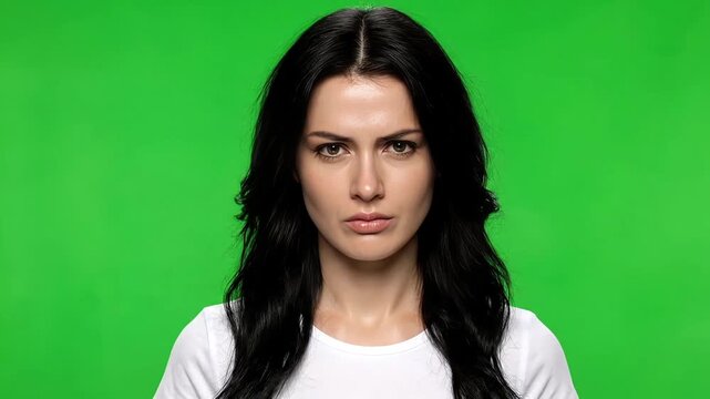 Woman with long black hair standing against green background