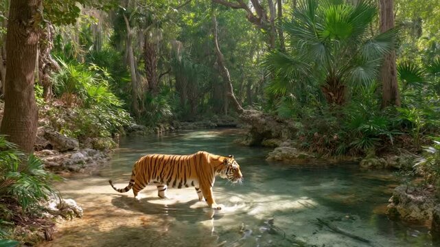A tiger walks through a shallow stream in a lush, green jungle with sunlight