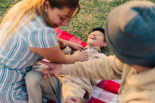 Family Playful Tickle Picnic Grass