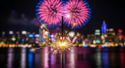 Fototapeta premium Magic Sparkling Light Foreground with Abstract Night Cityscape and Fireworks Background for Christmas and Holidays