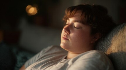 Obraz premium Close-up portrait of a young woman sleeping on a couch. she is lying on her side with her eyes closed and her head resting on a pillow. she appears to be in a peaceful and relaxed state.