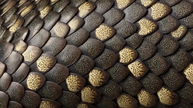 A detailed close-up of a reptile's textured skin, featuring overlapping scales with patterns