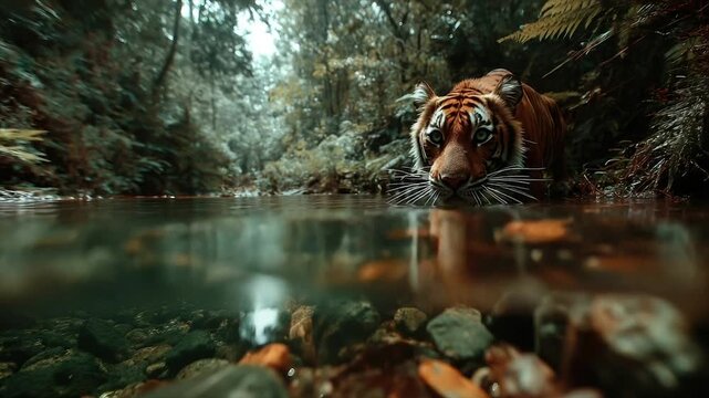 A tiger emerges from a river, looking directly at the camera, with underwater details visible